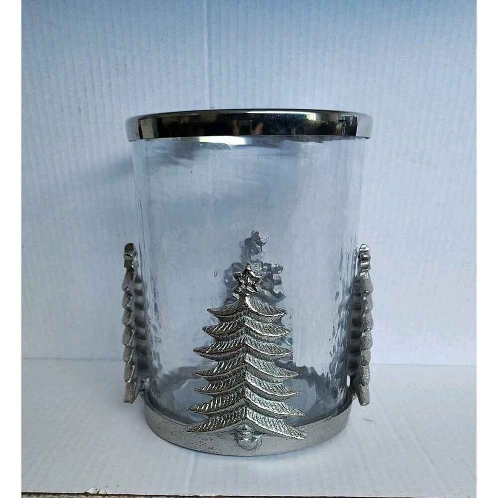 Well Dressed Home Christmas Tree Glass Hurricane Candle Holder Silver Metal